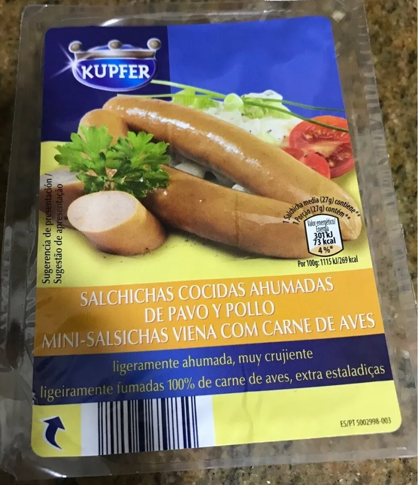 Salchichas cocidas ahumadas de pavo y pollo