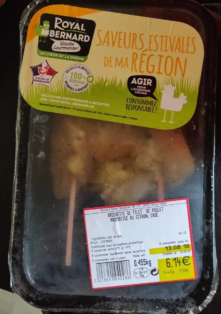 Brochette de filet de poulet aromatisé au citron, crue
