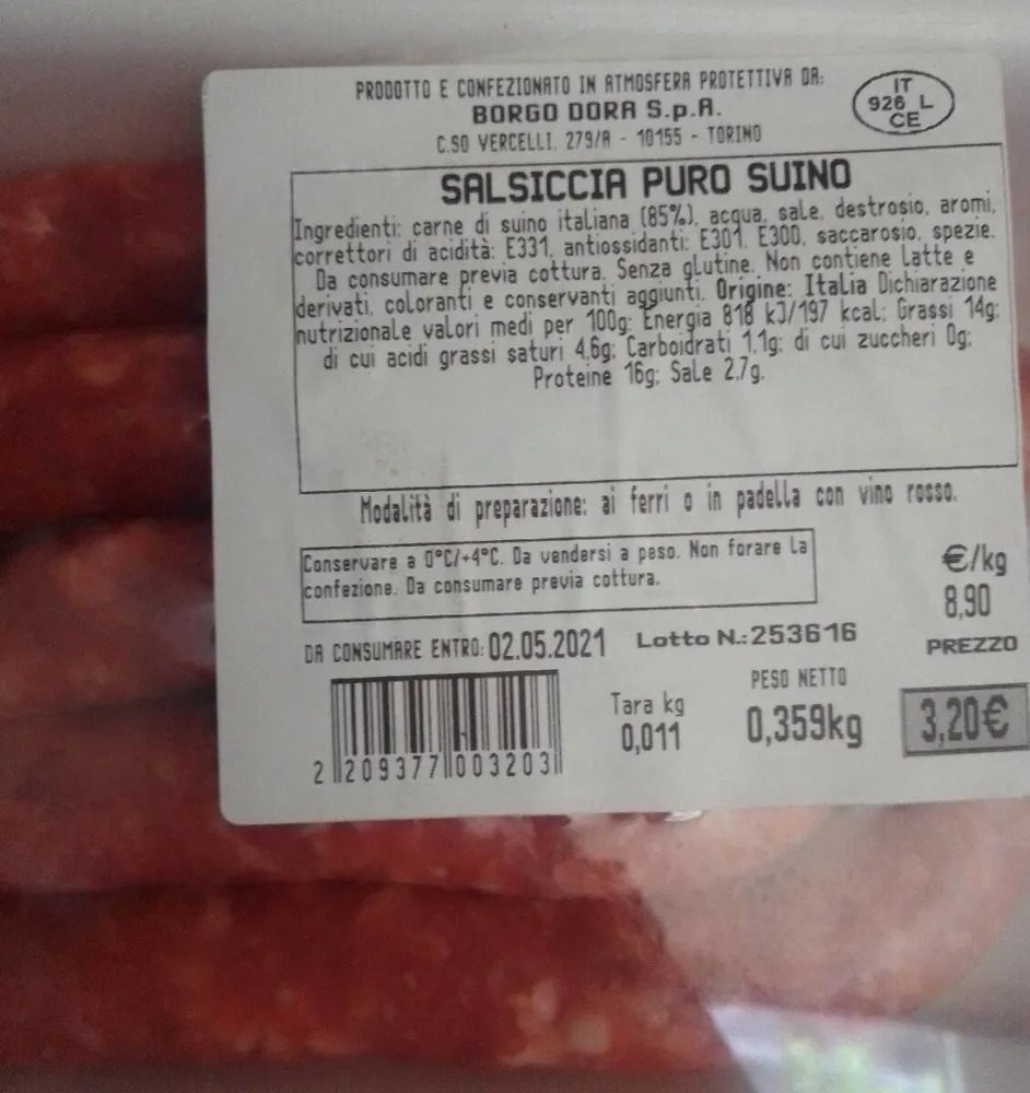 Salsiccia puro suino