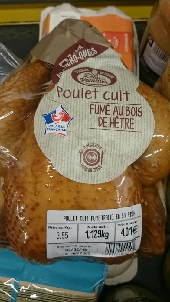 Poulet cuit fumé au bois de hêtre