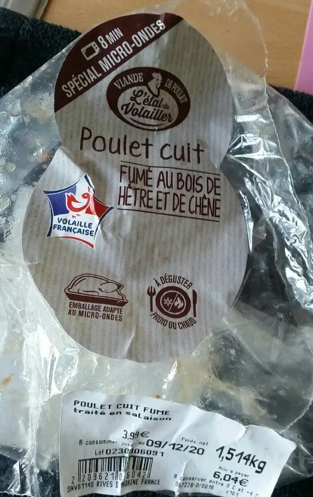 Poulet cuit fumé au bois de hêtre