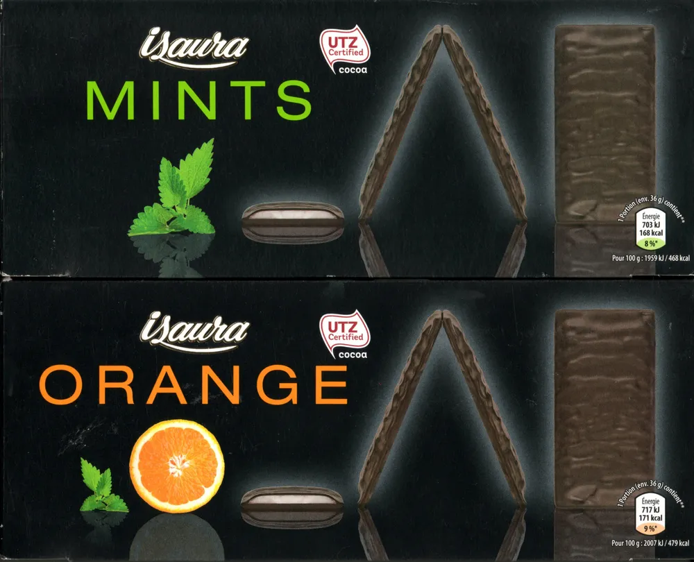 Fines feuilles de chocolat fourrées menthe