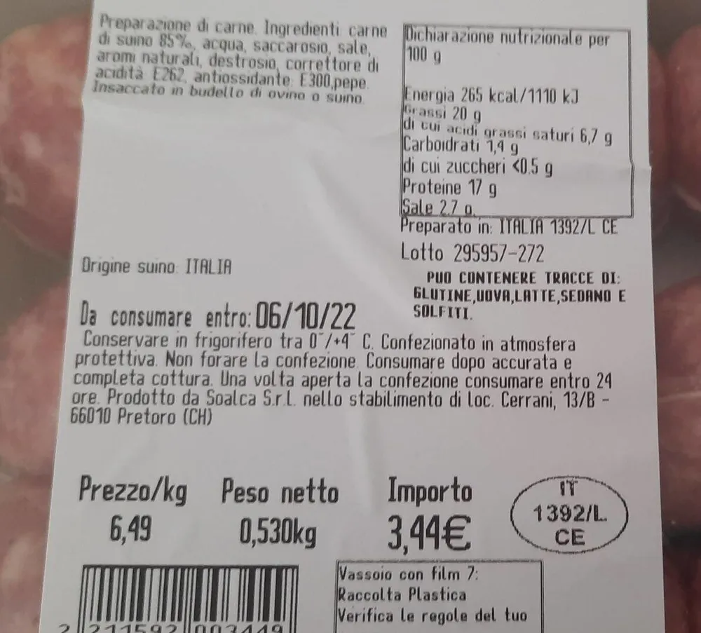 Salsiccia macinata suino