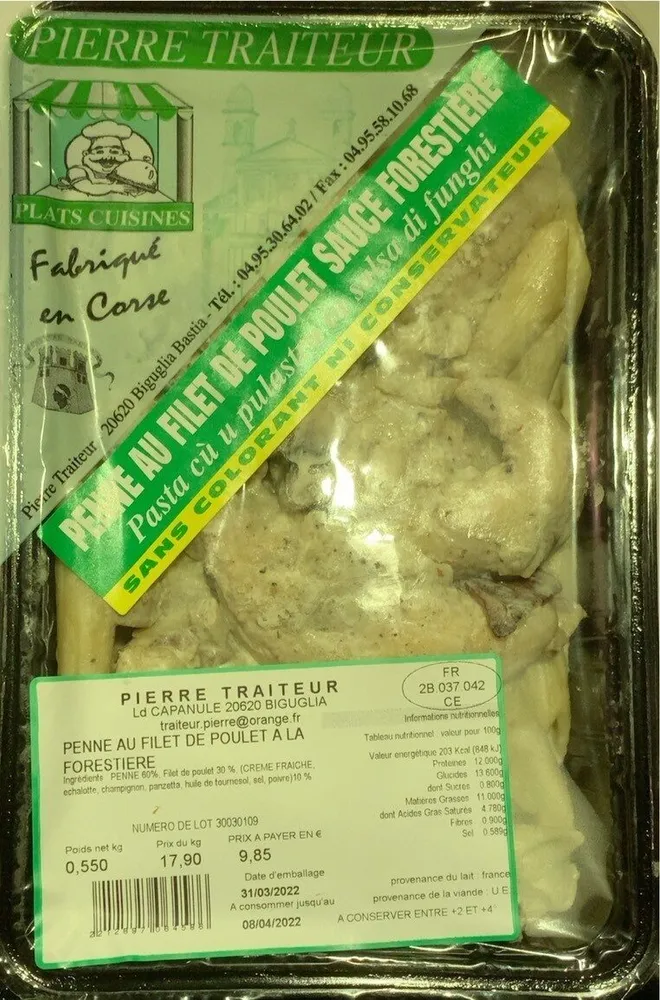 Penne au filet de poulet sauce forestiere