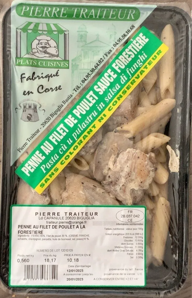 Penne au filet de poulet sauce forestière