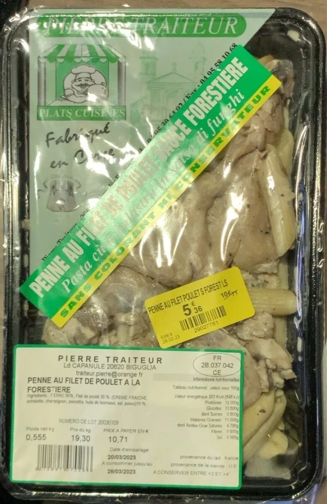 Penne au filet de poulet sauce forestière