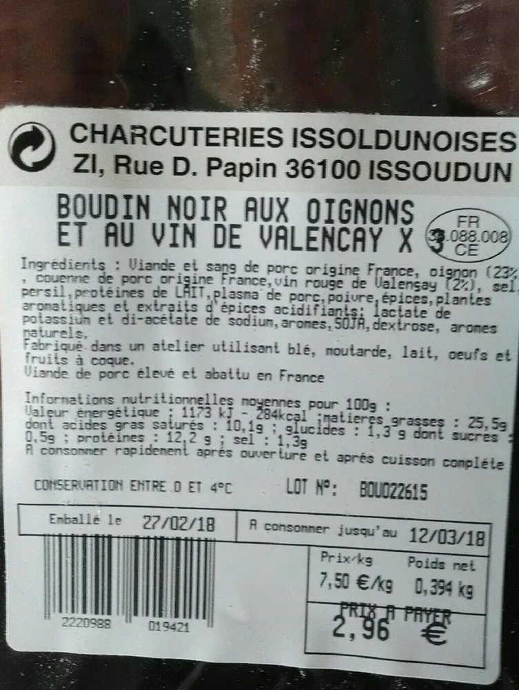 Boudin noir aux oignons et au vin de Valençay