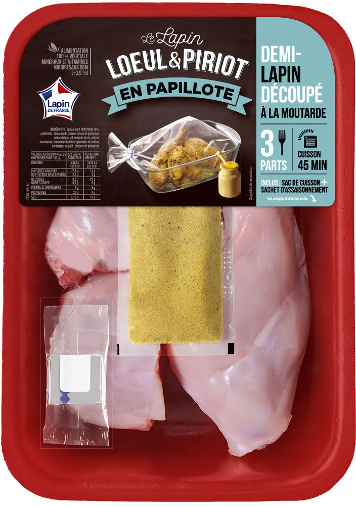 Lapin : 1 demi-avant sans tête sans abats, 1 demi-râble, 1 cuisse + 1 sachet cuisson + 1 sachet assaisonnement moutarde