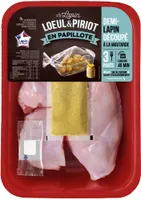 Lapin : 1 demi-avant sans tête sans abats, 1 demi-râble, 1 cuisse + 1 sachet cuisson + 1 sachet assaisonnement moutarde