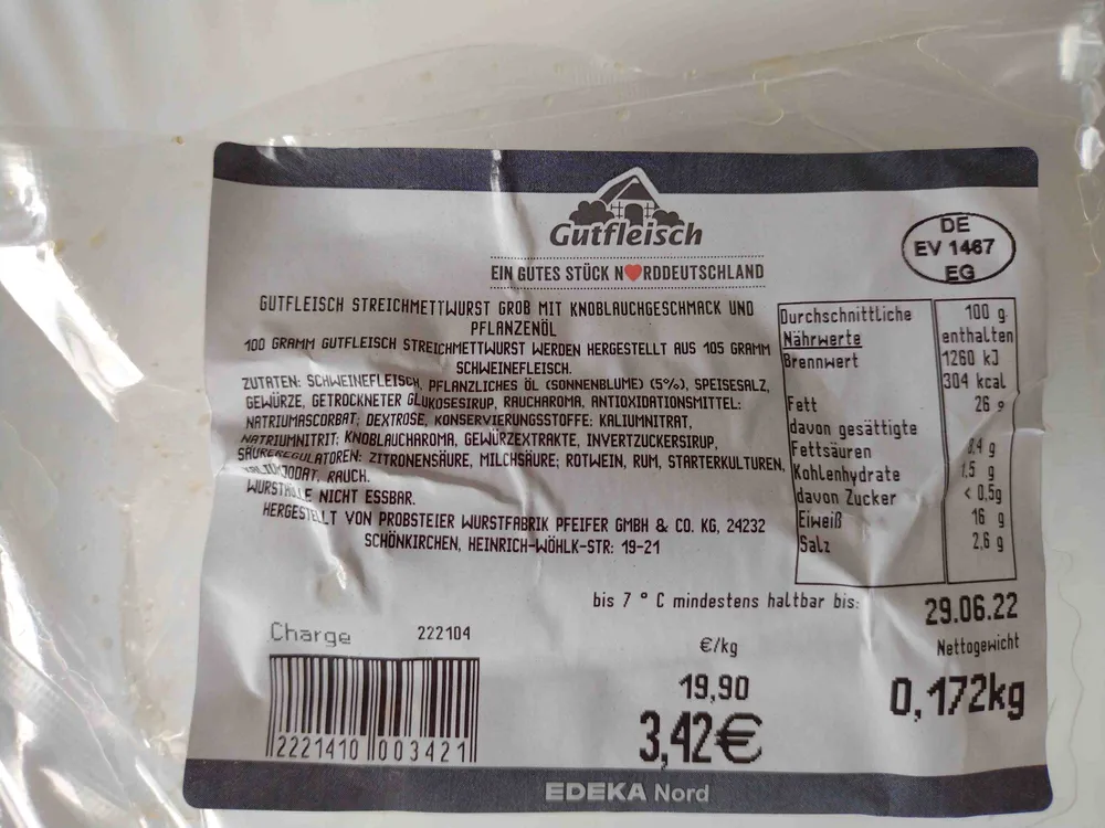 Streichmettwurst Grob mit Knoblauchgeschmack