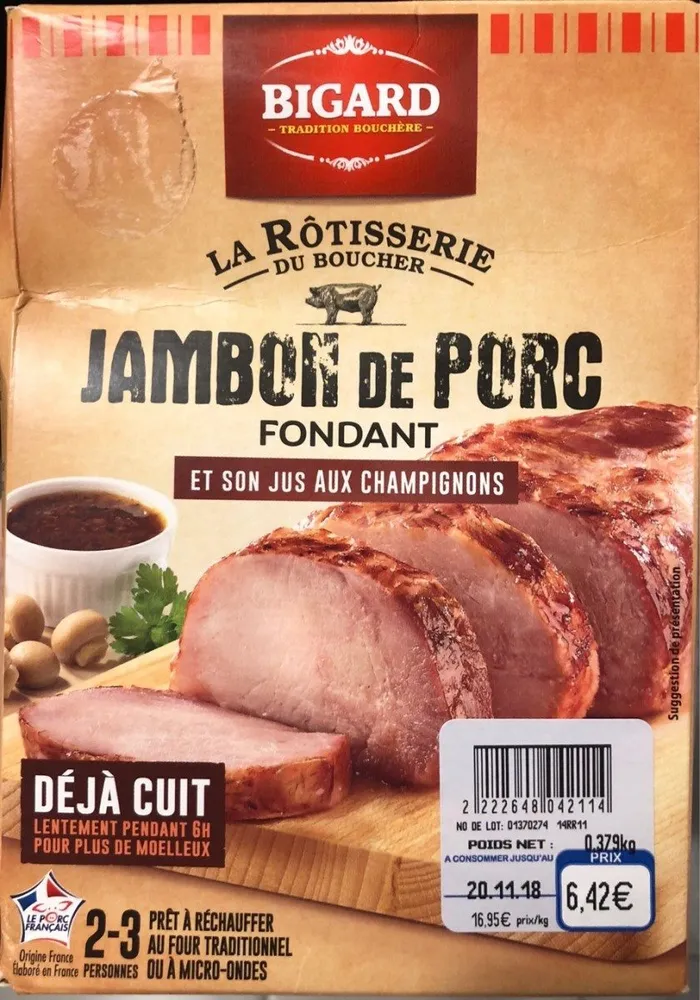 Jambon de porc fondant et son jus de champignons