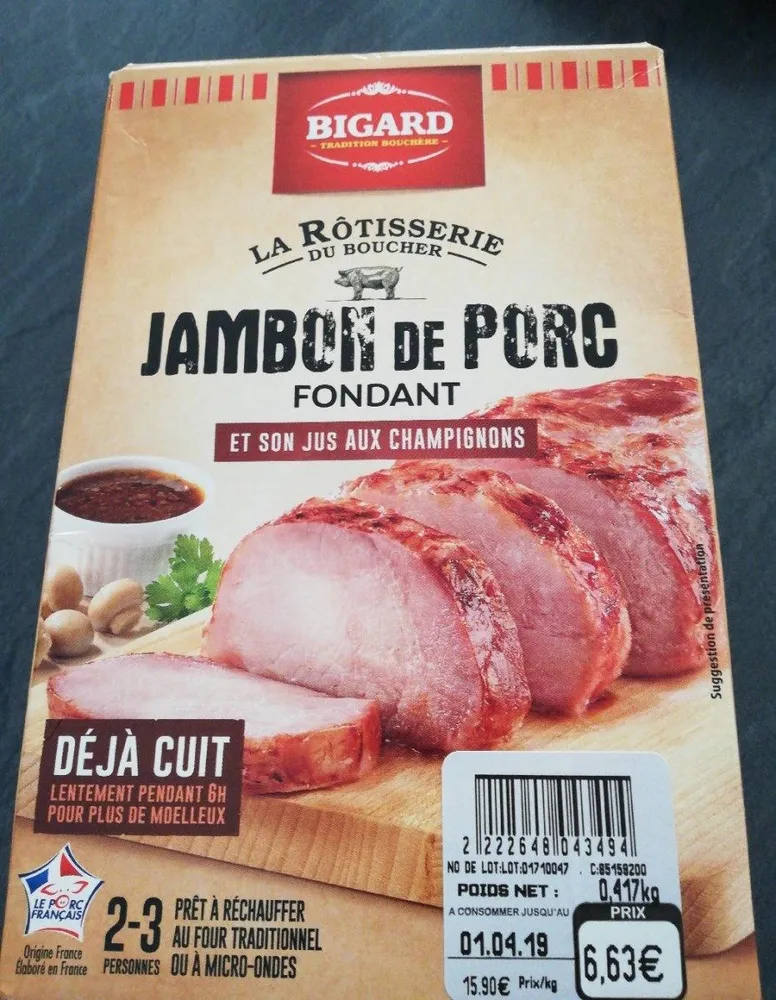 Jambon de porc fondant et son jus aux champignons