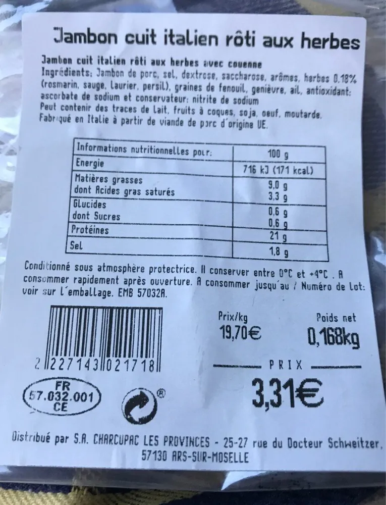 Jambon cuit italien rôti aux herbes