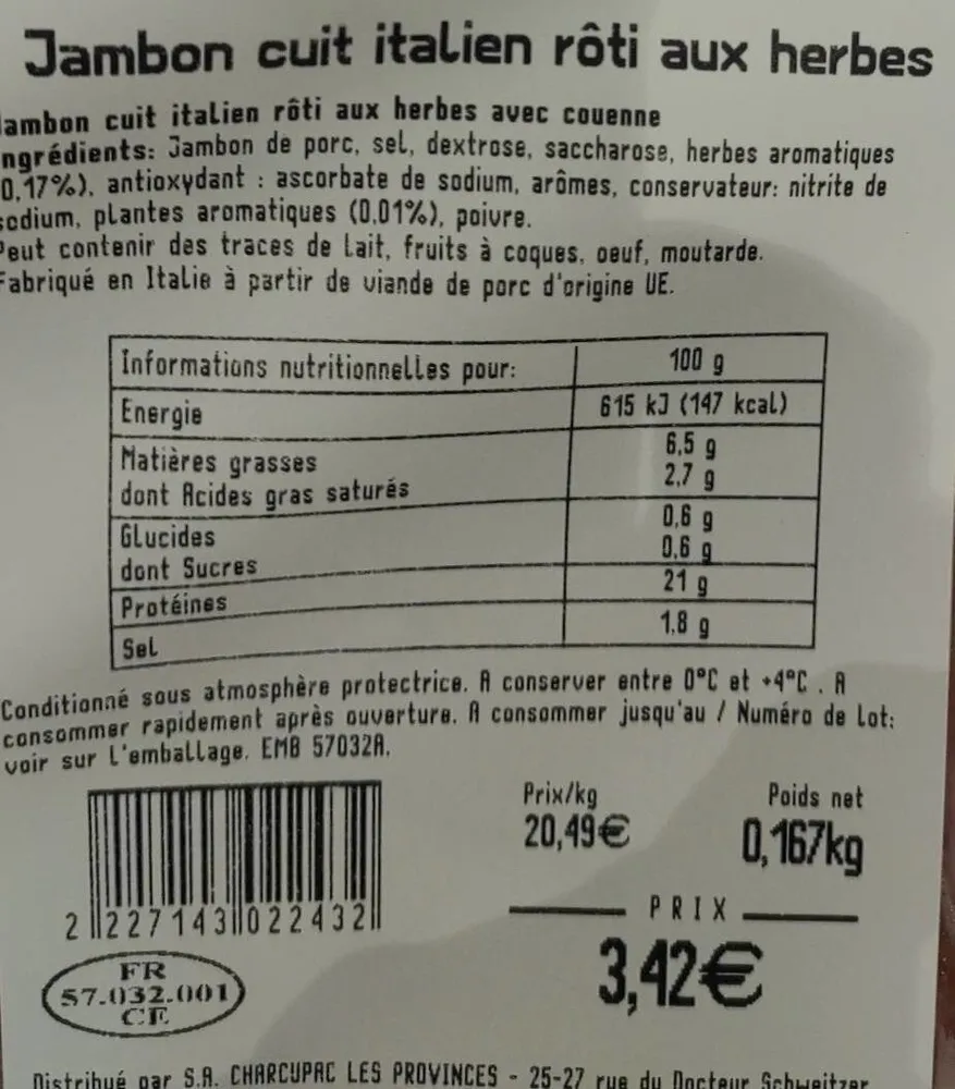 Jambon cuit italien rôti aux herbes