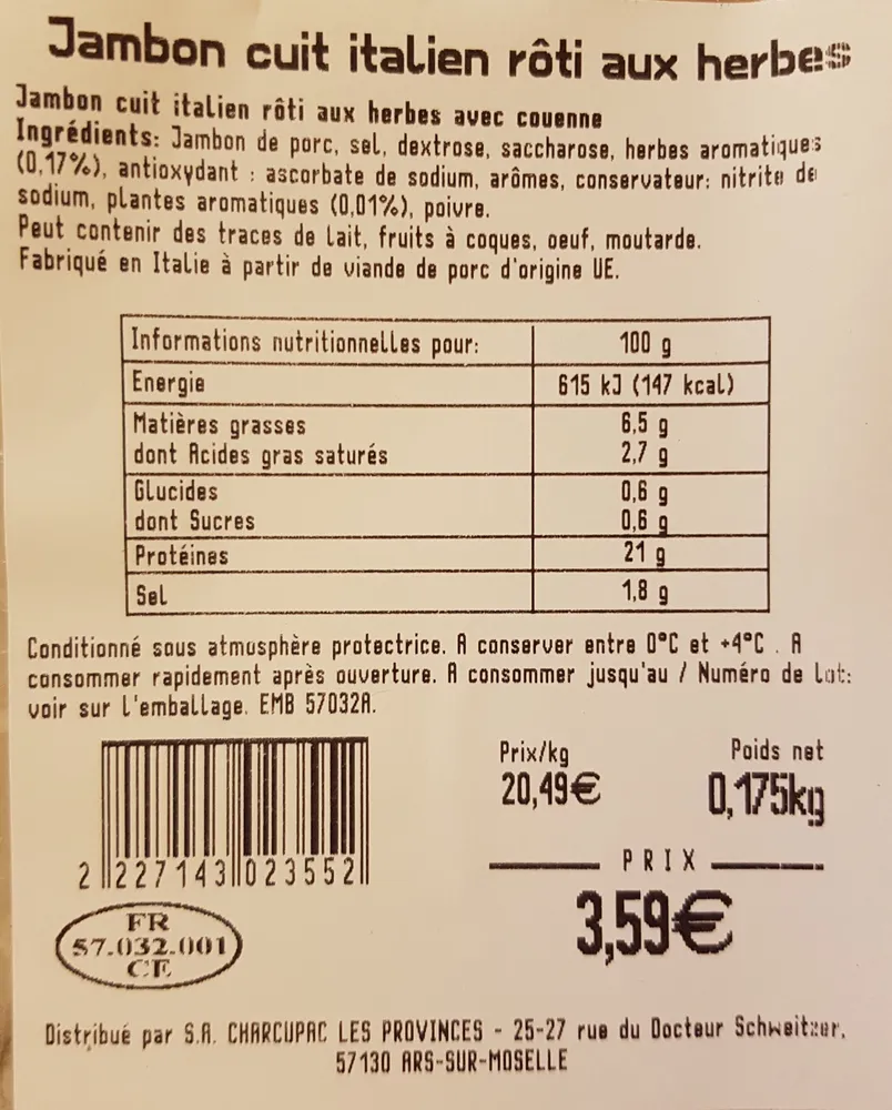 Jambon cuit Italien rôti aux herbes