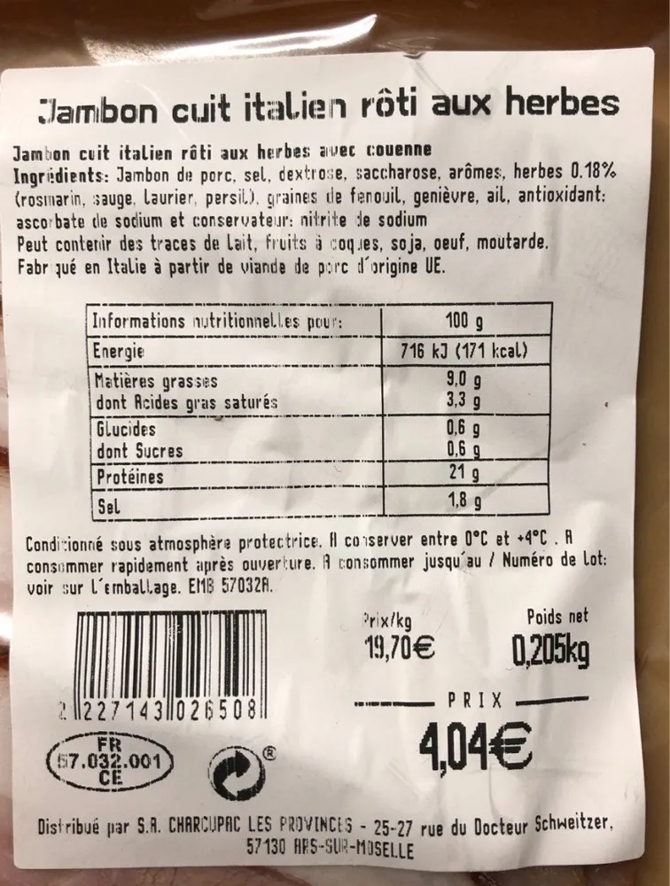 Jambon cuit italien aux herbes
