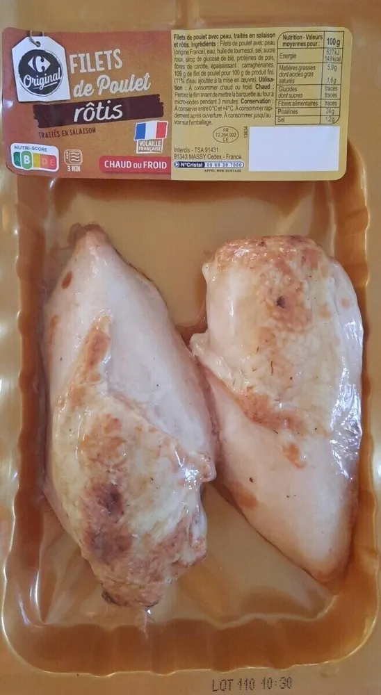 2 filets de poulet traités en salaison et rotis
