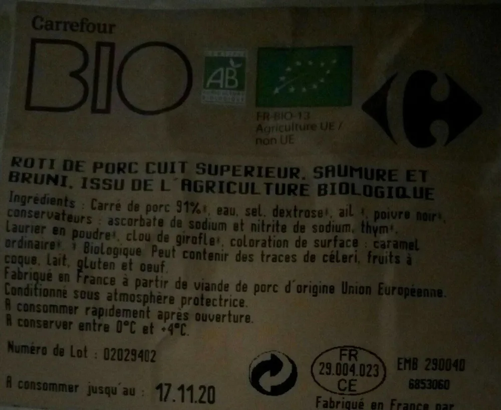 Rôti de porc cuit supérieur saumure et bruni