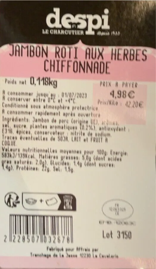 Jambon roti aux herbes chiffonnade