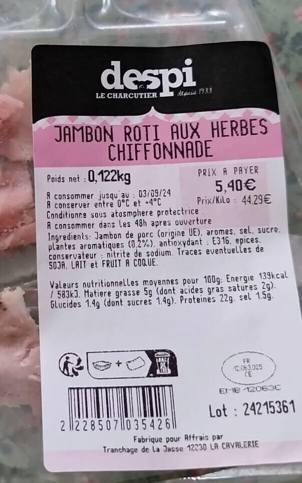 Jambon rôti aux herbes chiffonnade