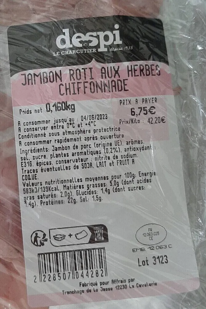 Jambon rôti aux herbes chiffonnade