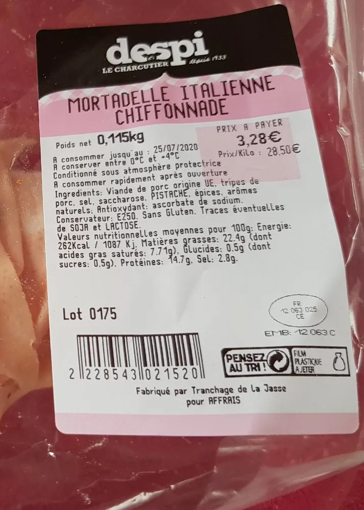 Mortadelle italienne chiffonnade