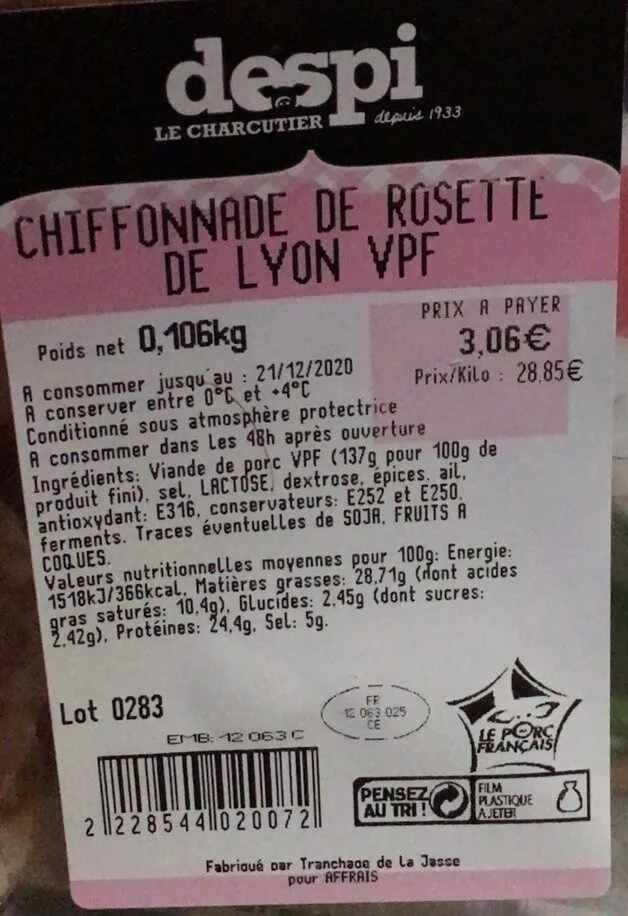 Chiffonnade de rosette de lyon vpn