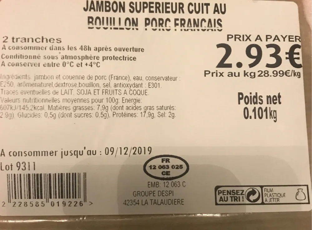 Jambon superieur cuit au bouillon porc français