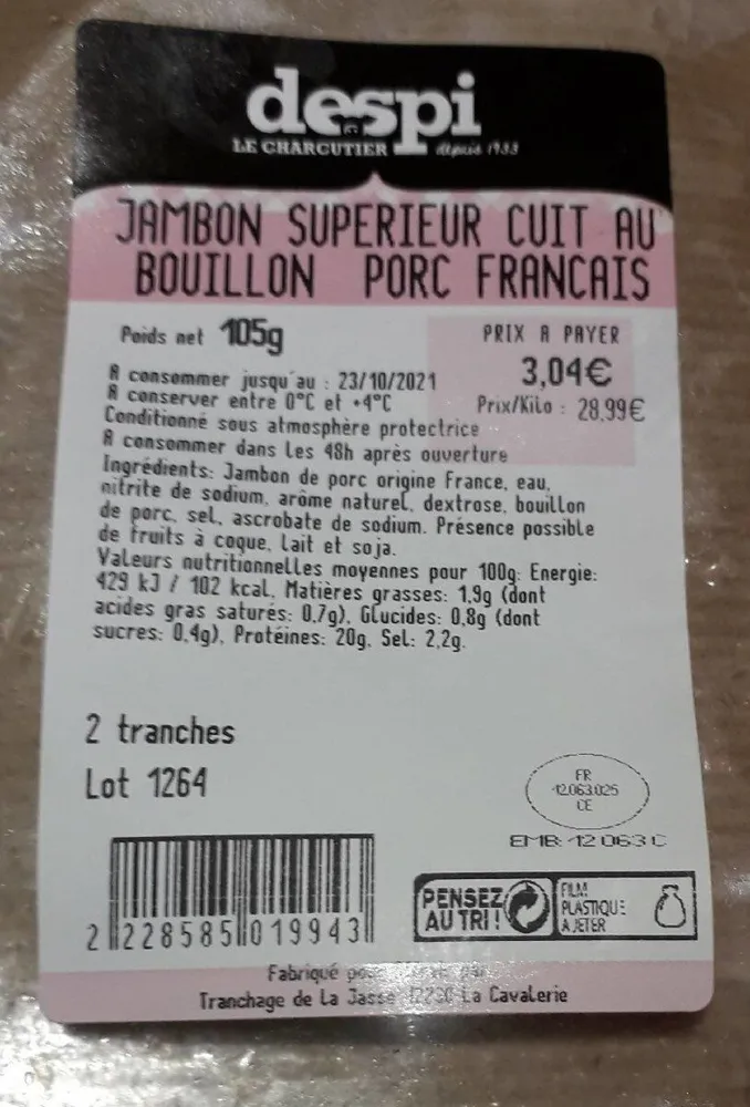 Jambon Supérieur cuit au bouillon porc français