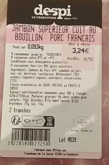 Jambon supérieur cuit au bouillon porc francais