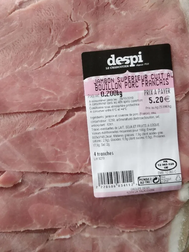 Jambon supérieur cuit au bouillon de porc français