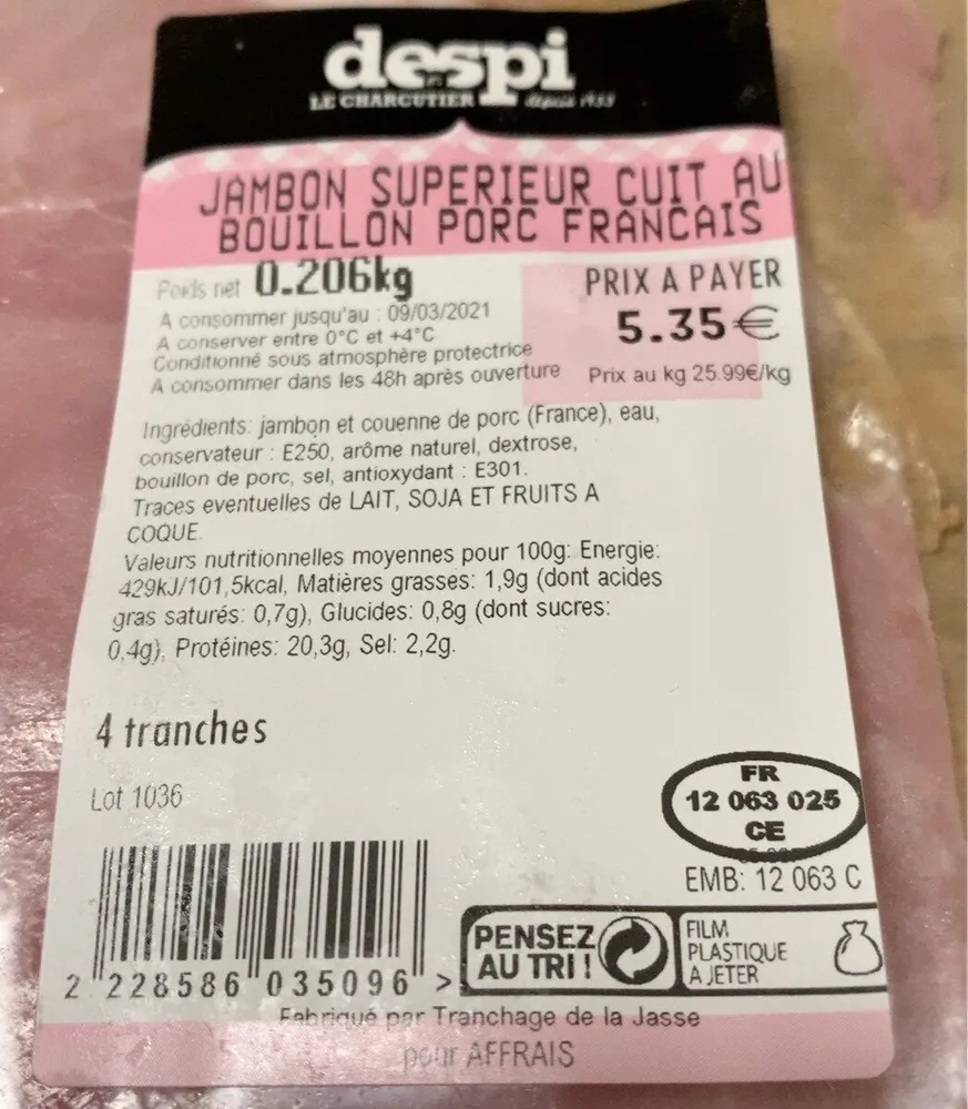 Jambon superieur cuit bouillon porc francais
