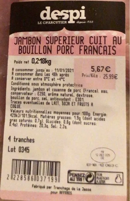 Jambon superieur cuit au bouillon porc français