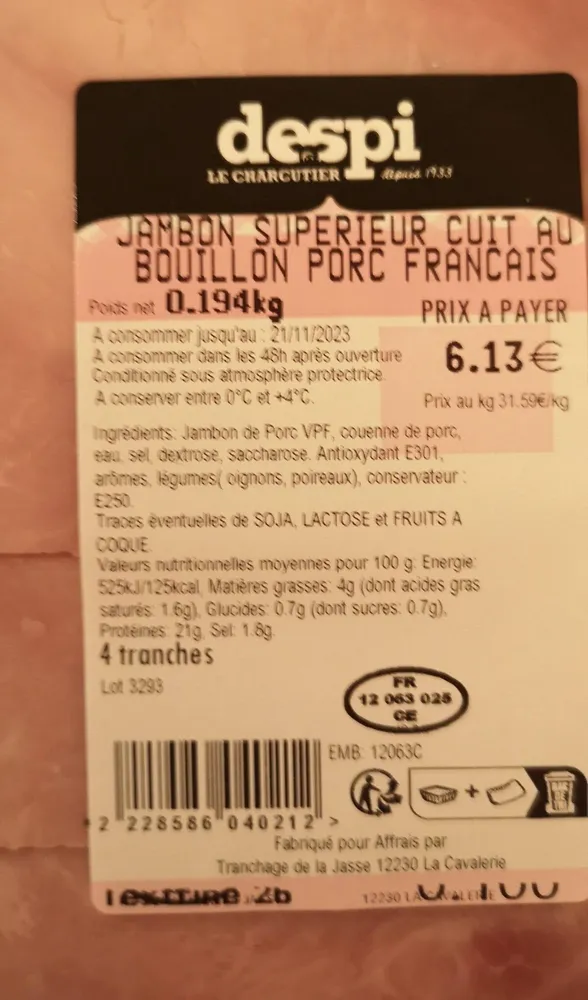 Jambon supérieur cuit au bouillon porc français