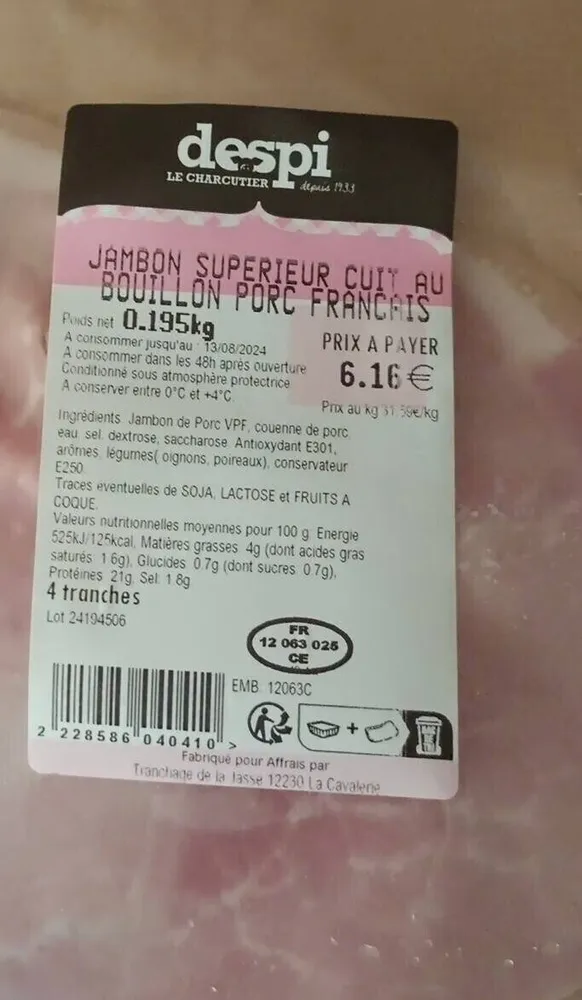 Jambon supérieur cuit au bouillon porc français