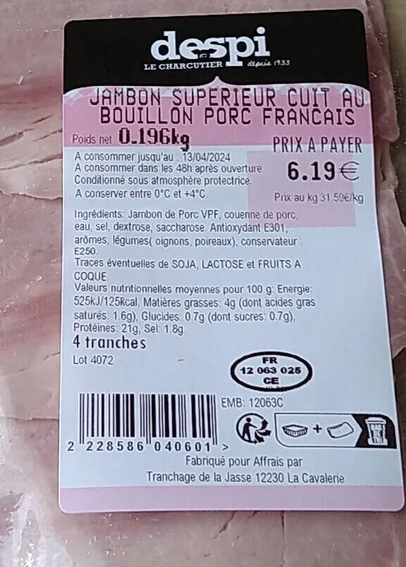 JAMBON SUPÉRIEUR CUIT AU BOUILLON PORC FRANCAIS