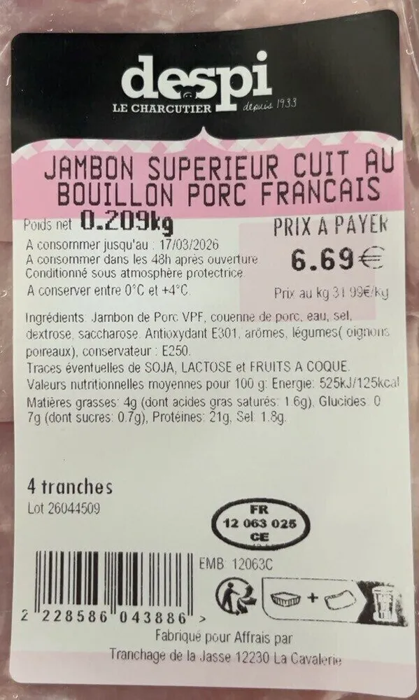 Jambon superieur cuit au bouillon porc francais