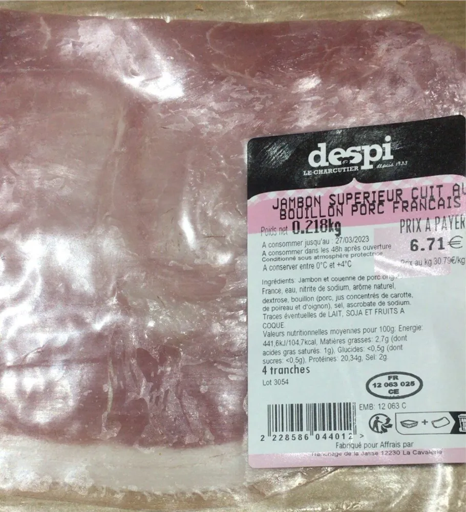 Jambon superieur cuit au bouillon porc francais