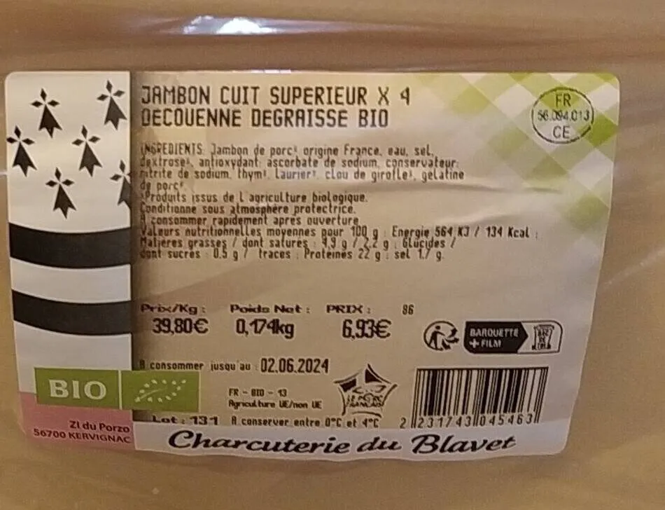 Jambon cuit de graisse bio