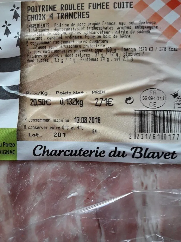 Poitrine roulée fumée cuite choix 4 tranches
