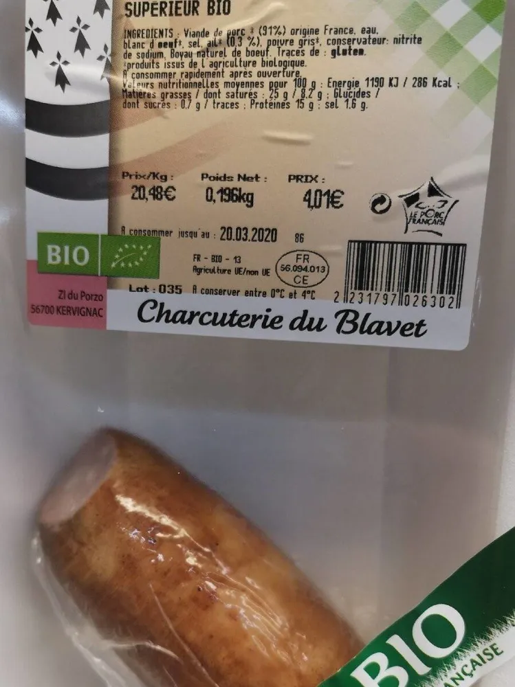 Saucisson à l'ail supérieur bio
