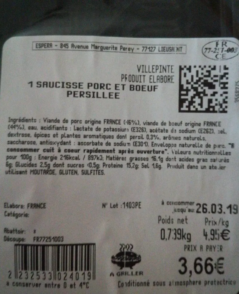 saucisse porc et boeuf persillé