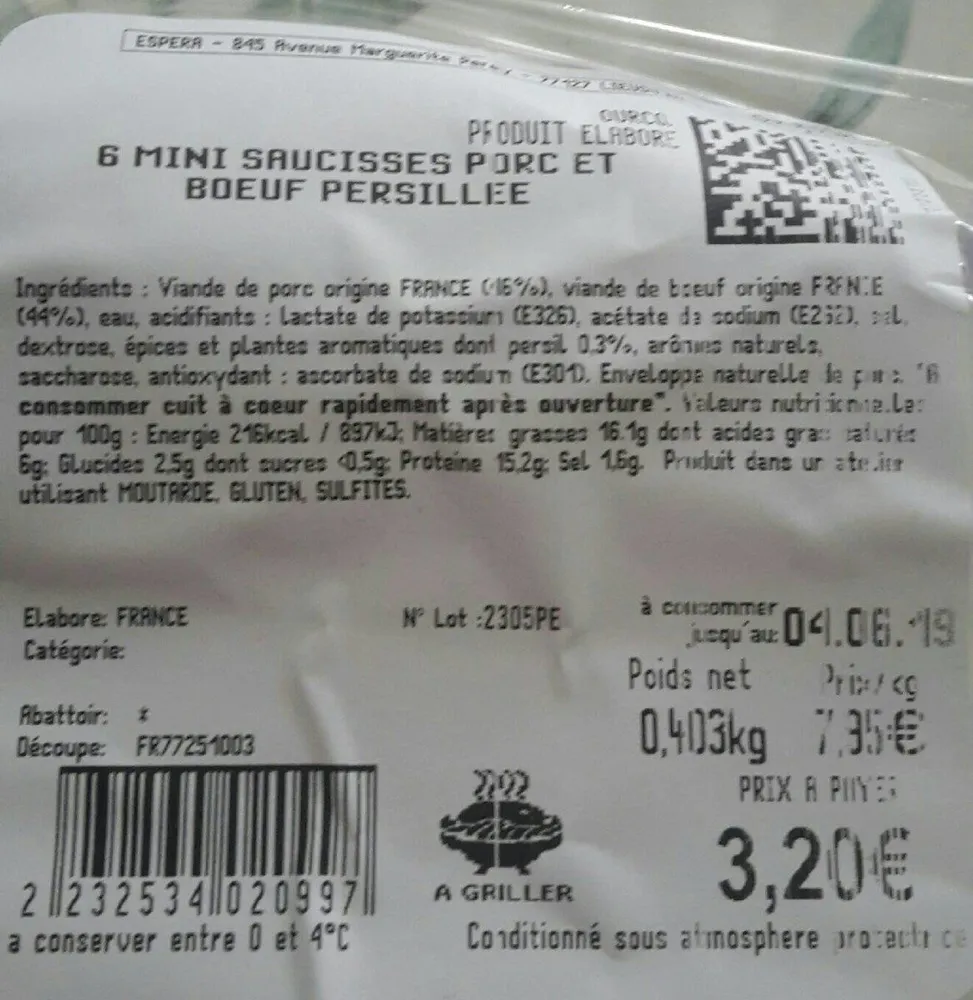 6 mini saucisses porc et boeuf persilee