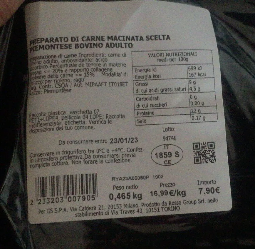 Preparato di carne macinata scelta