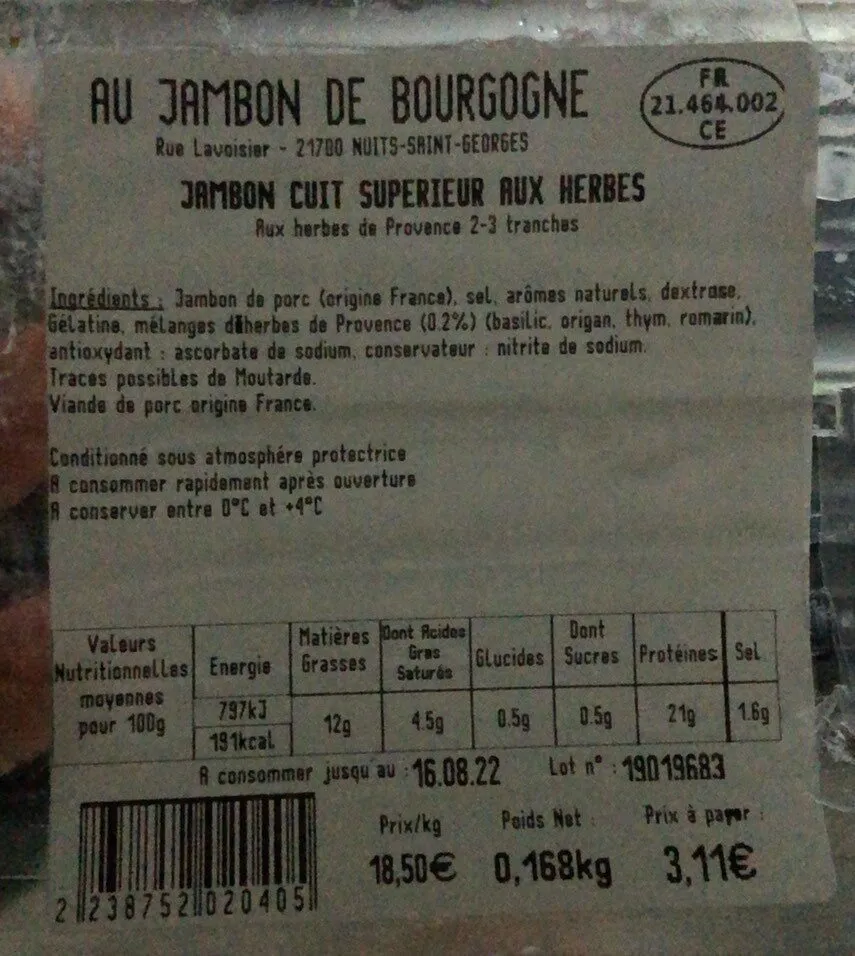 Jambon cuit supérieur aux herbes
