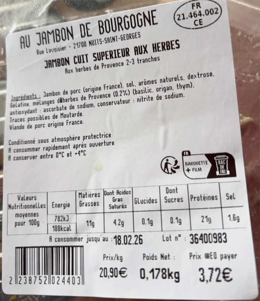 Jambon cuit superieur aux herbes