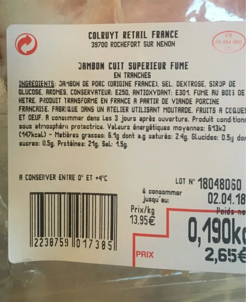 Jambon cuit superieur fume