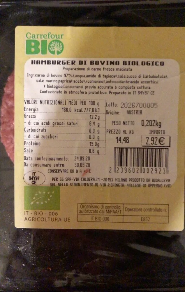 Hamburger di bovino bio