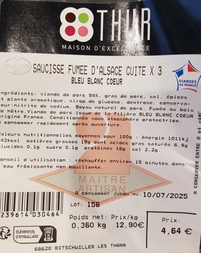 Saucisse fumée d'Alsace cuite