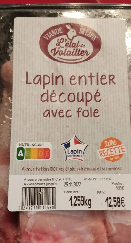 Lapin entier découpé avec foie